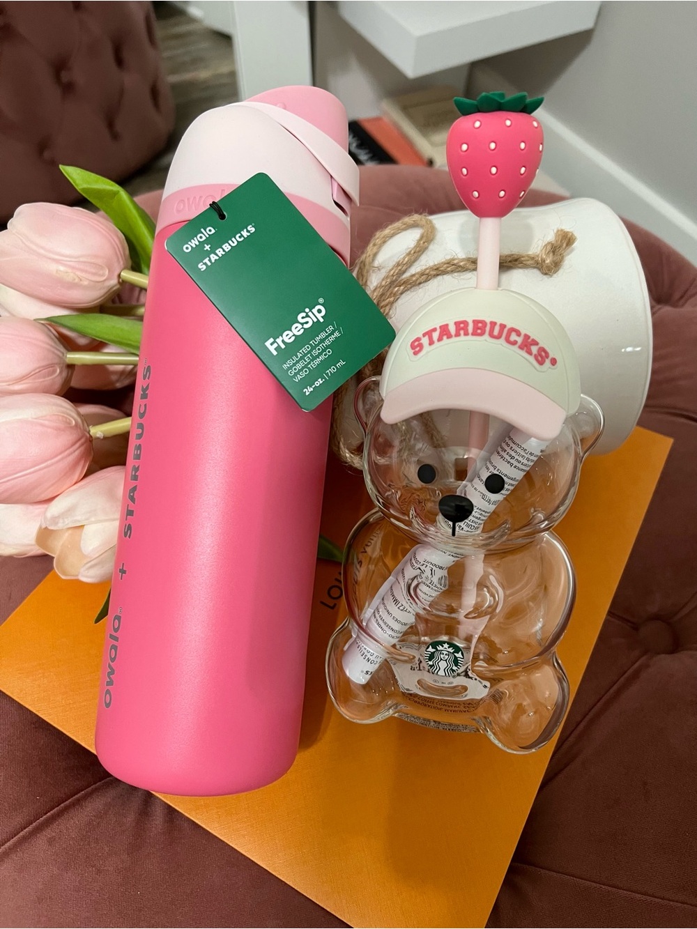 Starbucks Pink Stainless Tumbler with Clear Strawberry Bear Bottle